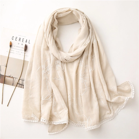 Women Cotton Linen Feel Scarf Floral Embroidery Lace Trim Lightweight Breathable Shawl Wrap Solid Color Vintage Style