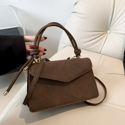 Vintage Women PU Leather Small Square Crossbody Bag Minimalist Knot Handle Shoulder Bag Fashion Magnetic Buckle Handbag