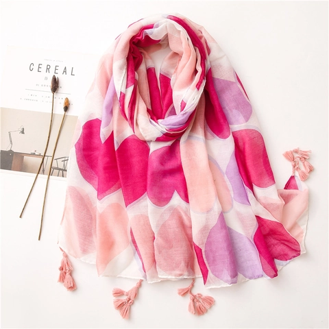 Sciarpa da Donna con Stampa a Cuore Rosa Scialle Lungo Leggero in Voile di Poliestere con Nappe per Protezione Solare Spiaggia Viaggi