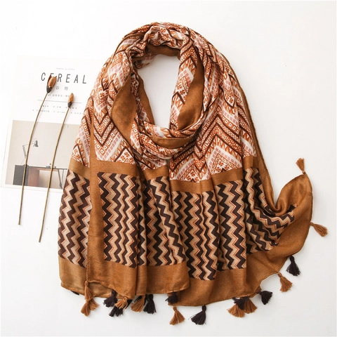 Châle Écharpe Imprimé Géométrique Zigzag Bohème Tissu Polyester Léger Avec Pompons Longue Enveloppe Ethnique Vintage Femme