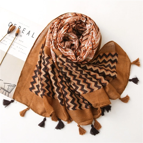 Châle Écharpe Imprimé Géométrique Zigzag Bohème Tissu Polyester Léger Avec Pompons Longue Enveloppe Ethnique Vintage Femme