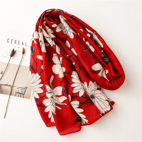 Magnolia Blumendruck Schal Damen Baumwoll-Leinen-Gefühl Polyester Leicht Retro Sonnenschutz Reise Strandtuch