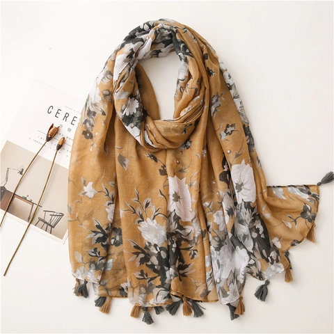 Damen Schal Mit Blumendruck Leichter Langer Schal Mit Fransen Sonnenschutz Strandtuch Weiches Polyester Bali Garn