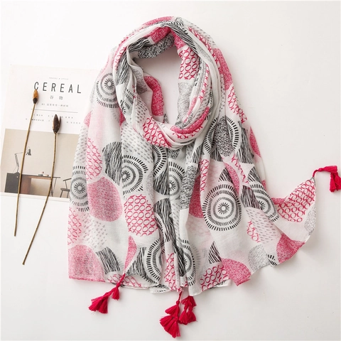 Damen Langer Schal Stola Weich Baumwollhaptik Polyester Blumendruck Rote Quasten Sonnenschutz Leicht Japanischer Stil