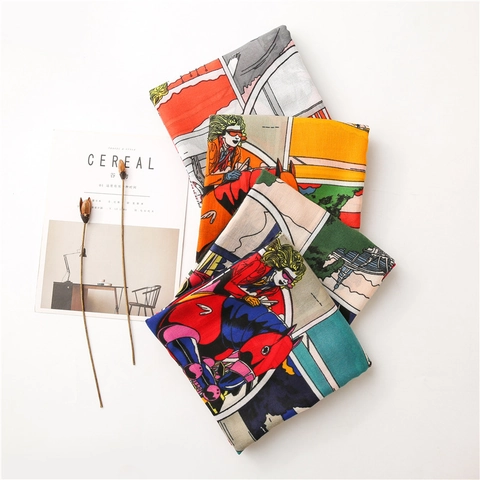 Écharpe Longue Femme Polyester Sensation Coton Lin Imprimé Artistique Bande Dessinée Rétro Protection Solaire Foulard Décoratif Toutes Saisons