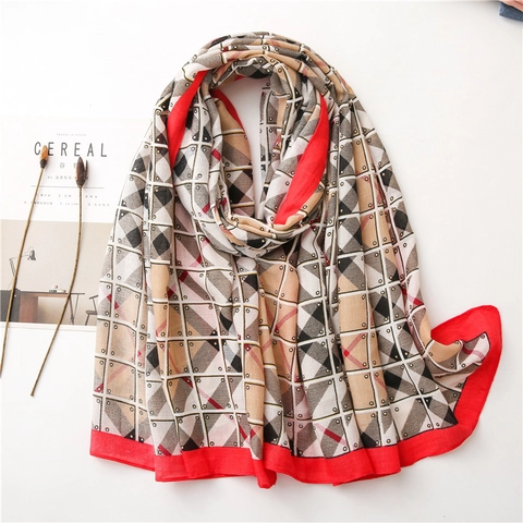 Women Retro Geometric Print Scarf Lightweight Cotton Linen Feel Shawl Sun Protection Grid Pattern Wrap For Summer Beach
