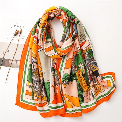 Écharpe Longue Femme Polyester Sensation Coton Lin Imprimé Artistique Bande Dessinée Rétro Protection Solaire Foulard Décoratif Toutes Saisons