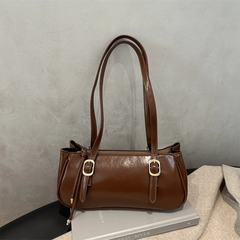 Vintage PU Leder Unterarmtasche Für Damen Minimalistische Kissen Baguette Schultertasche Metallschnalle Alltag Handtasche