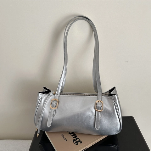 Vintage PU Leder Unterarmtasche Für Damen Minimalistische Kissen Baguette Schultertasche Metallschnalle Alltag Handtasche