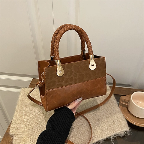 Retro Matte PU Leather Patchwork Women Shoulder Bag With Woven Handle Leopard Print Crossbody Small Square Handbag For Daily Work Travel
