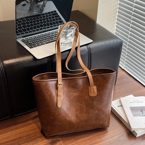 Vintage Large Capacity Tote Bag PU Leather Simple Solid Color Shoulder Bag For Women Work Casual