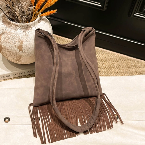 Bolso De Hombro De Ante Sintético Vintage Con Flecos Largos Bohemio Tassel Hobo Bolso Cruzado Para Mujer Estilo Minimalista