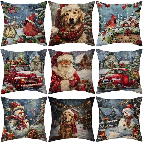 Funda de Almohada de Navidad Pintura al Óleo Vintage Felpa Corta Ultra Suave Muñeco de Nieve Papá Noel Camión Retro Funda de Cojín