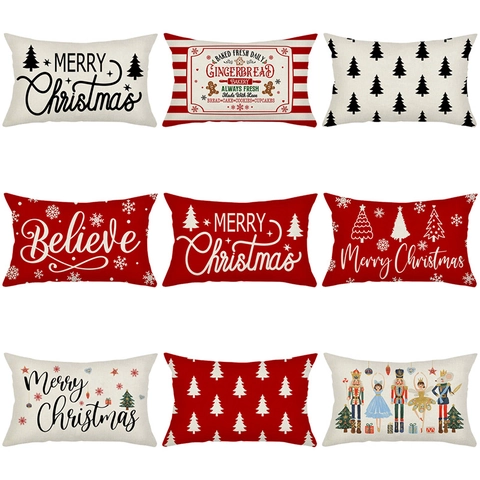 Christmas Lumbar Pillow Cover Rectangle Polyester Pillowcase Merry Christmas Believe Nutcracker Holiday Home Decor