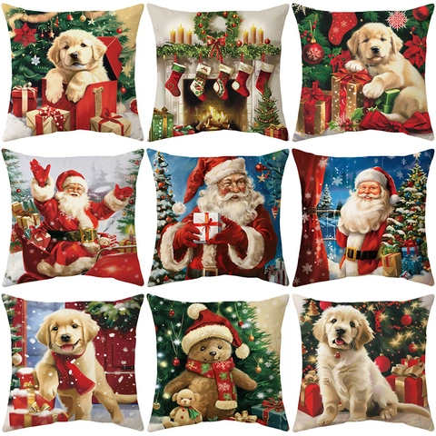 Taie d'Oreiller Imprimée Chien de Noël et Père Noël en Peluche Courte Douce Housse de Coussin Carrée pour Canapé Décoration de Maison