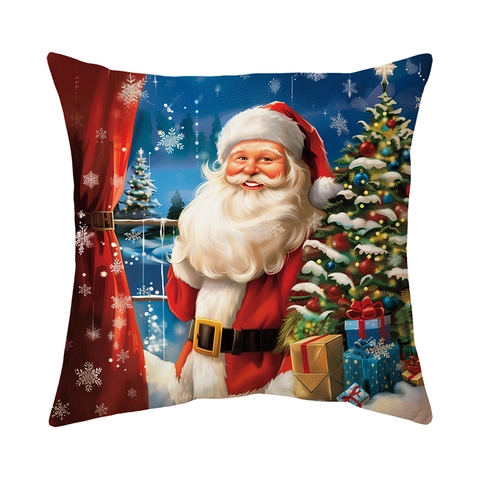 Taie d'Oreiller Imprimée Chien de Noël et Père Noël en Peluche Courte Douce Housse de Coussin Carrée pour Canapé Décoration de Maison