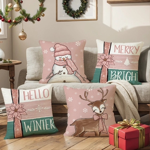 Winter Weihnachten Kissenbezüge Leinen Polyester Cartoon Schneemann Rentier Feiertag Deko Quadratische Kissenhüllen