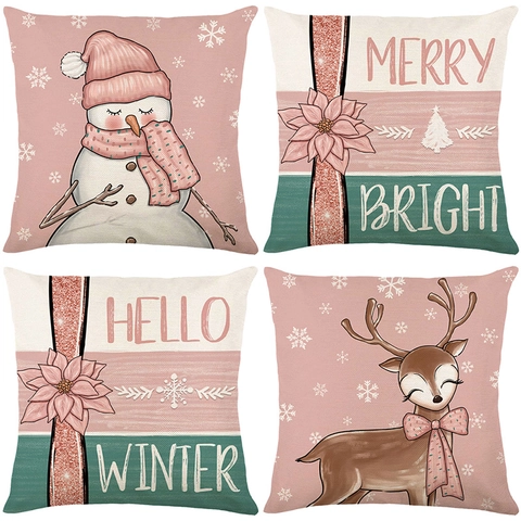 Winter Weihnachten Kissenbezüge Leinen Polyester Cartoon Schneemann Rentier Feiertag Deko Quadratische Kissenhüllen