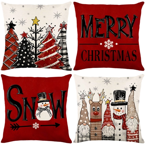 Fundas De Cojín De Navidad Poliéster Lino Dibujos Animados Muñeco De Nieve Reno Gnomos Árboles Impreso Sofá Decorativo Fundas