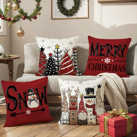 Fundas De Cojín De Navidad Poliéster Lino Dibujos Animados Muñeco De Nieve Reno Gnomos Árboles Impreso Sofá Decorativo Fundas