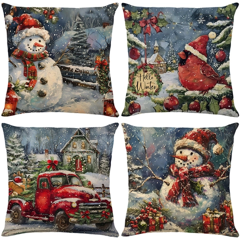 Fundas De Cojín De Navidad Poliéster Textura Lino Invierno Muñeco De Nieve Camión Rojo Pintura Al Óleo Decorativa Cuadrada