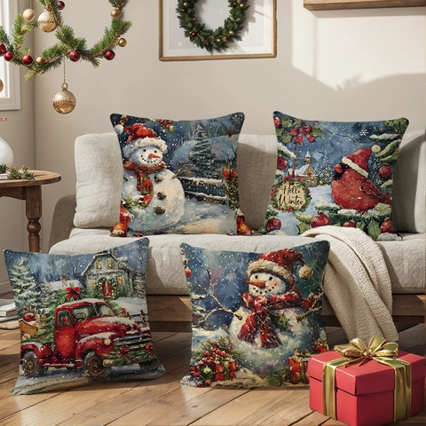 Fundas De Cojín De Navidad Poliéster Textura Lino Invierno Muñeco De Nieve Camión Rojo Pintura Al Óleo Decorativa Cuadrada