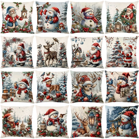 Weihnachts Kissenbezug Polyester Leinenstruktur Retro Ölgemälde Stil Weihnachtsmann Schneemann Druck Sofakissenbezug