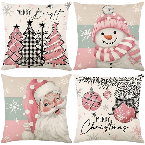 Pink Christmas Pillowcase Polyester Decorative Cushion Cover For Sofa Santa Claus Snowman Christmas Tree Xmas Home Decor