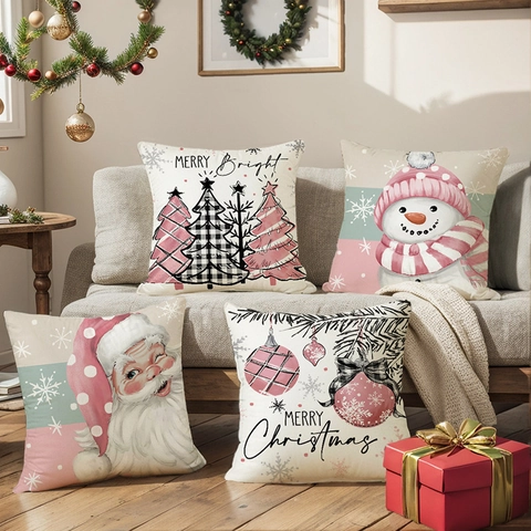 Pink Christmas Pillowcase Polyester Decorative Cushion Cover For Sofa Santa Claus Snowman Christmas Tree Xmas Home Decor