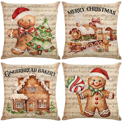 Χριστουγεννιάτικη Θήκη Μαξιλαριού Σχέδιο Gingerbread Man Ρετρό Παρτιτούρα Πολυεστέρας Υφή Λινού Διακόσμηση Καναπέ