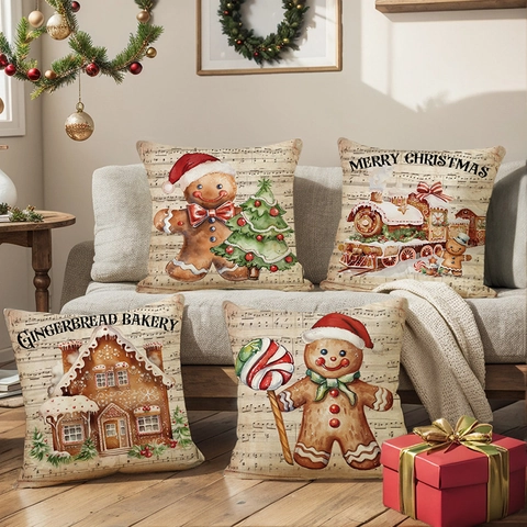 Χριστουγεννιάτικη Θήκη Μαξιλαριού Σχέδιο Gingerbread Man Ρετρό Παρτιτούρα Πολυεστέρας Υφή Λινού Διακόσμηση Καναπέ