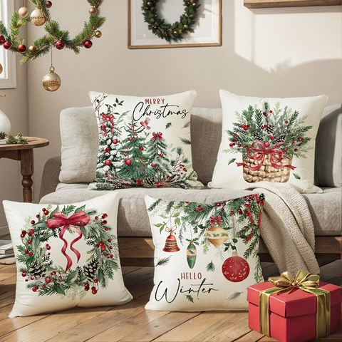 Taie d'Oreiller de Noël en Polyester Imprimé Couronne Sapin Décorative Housse de Coussin Décoration de Fête Maison