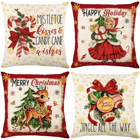 Vintage Christmas Cushion Cover Polyester Linen Look Reindeer Candy Cane Printed Decorative Pillow Case For Sofa Home Decor