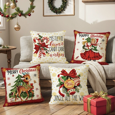 Vintage Christmas Cushion Cover Polyester Linen Look Reindeer Candy Cane Printed Decorative Pillow Case For Sofa Home Decor