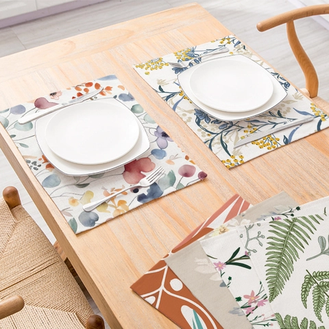 Mantel Individual de Algodón y Lino Estampado Floral Impermeable Resistente al Calor Mantel de Mesa Botánico Decorativo Cocina
