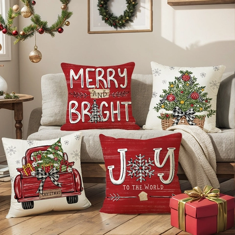 Christmas Decorative Pillowcase Polyester Xmas Tree Red Truck Snowflake Holiday Throw Pillow Cover For Sofa Living Room Decor