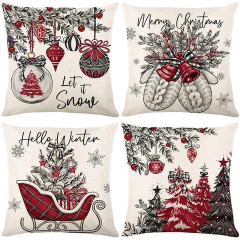 Fundas De Almohada De Navidad Fundas De Cojín Decorativas Textura Lino Poliéster Impreso Decoración Hogar De Invierno Sofá