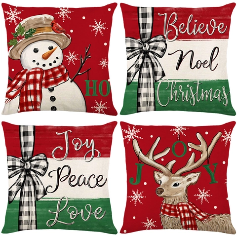 Fundas De Cojín De Navidad Poliéster Lino Decorativas Fundas Almohada Festivas Patrón Muñeco Nieve Reno Lazo Cuadros