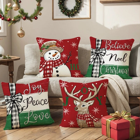 Fundas De Cojín De Navidad Poliéster Lino Decorativas Fundas Almohada Festivas Patrón Muñeco Nieve Reno Lazo Cuadros
