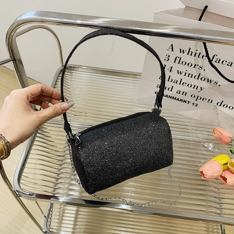 Sparkly Glitter Barrel Shoulder Bag for Women Fashion Sequin Underarm Bag with Silver Chain Strap Party Evening Handbag