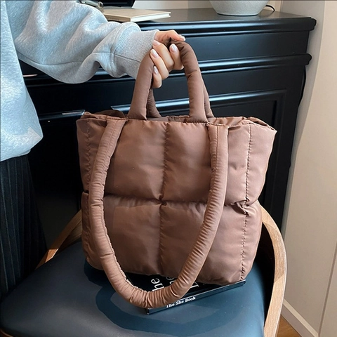 Women Quilted Puffer Tote Bag Large Capacity Padded Shoulder Handbag Soft Cotton Filled Winter Fashion Versatile