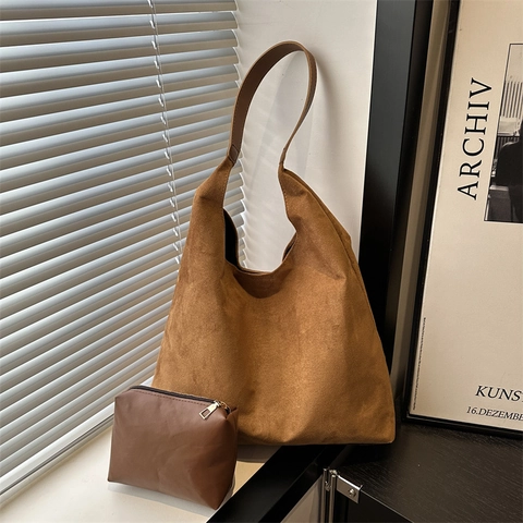 Sac Fourre-tout de Style Coréen Vintage en Daim PU Grande Capacité Sac Hobo Composite Avec Pochette pour Femmes