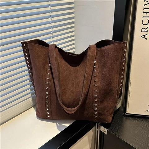 Grand Sac Cabas Rétro En Suédine Avec Décor De Rivets Style Vintage Sac À Épaule Pour Femme