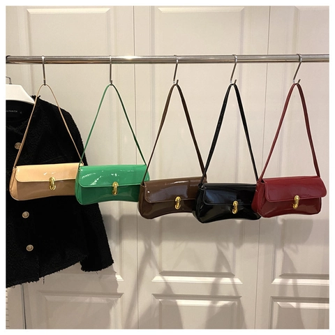 Retro Achseltasche Damen PU Lackleder Glänzende Schultertasche Mit Gold Metallschloss Französischer Stil Mode