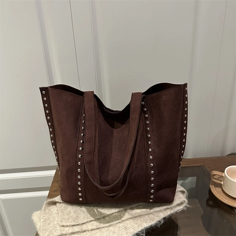 Grand Sac Cabas Rétro En Suédine Avec Décor De Rivets Style Vintage Sac À Épaule Pour Femme