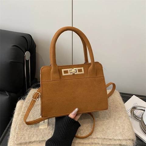 Vintage Matte Suede Handbag Gold Metal Lock Square Crossbody Bag Top Handle Shoulder Bag Women Urban Chic Minimalist