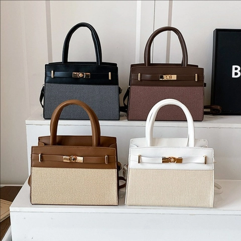 Retro Women Patchwork Handbag PU Leather Woven Fabric Contrast Color Gold Turn Lock Shoulder Crossbody Commute Chic