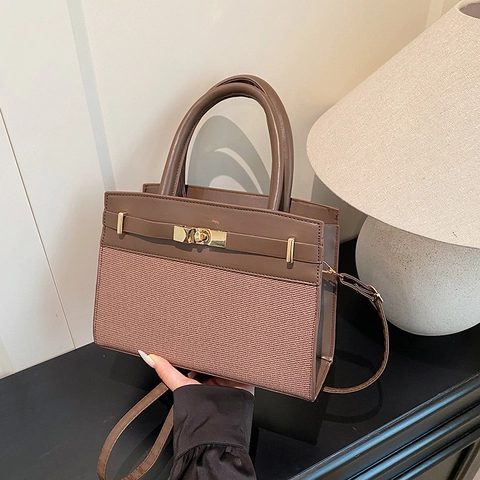 Retro Women Patchwork Handbag PU Leather Woven Fabric Contrast Color Gold Turn Lock Shoulder Crossbody Commute Chic