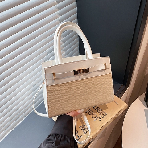 Women's Fashion PU Leather Contrast Woven Handbag Modern Minimalist Square Shoulder Crossbody Bag With Gold Lock For Commute