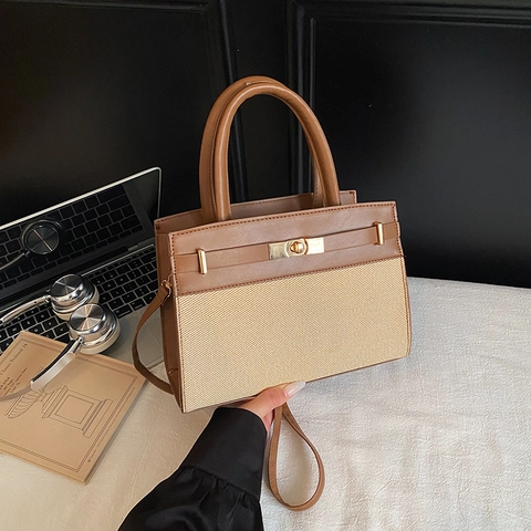 Women's Fashion PU Leather Contrast Woven Handbag Modern Minimalist Square Shoulder Crossbody Bag With Gold Lock For Commute